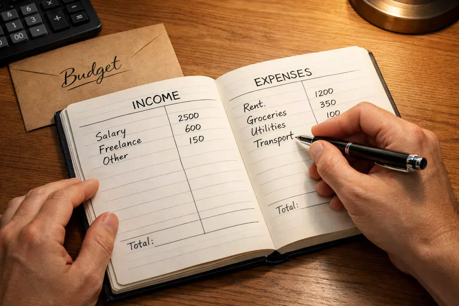 Persoon beheert budget met notitieboek en pen