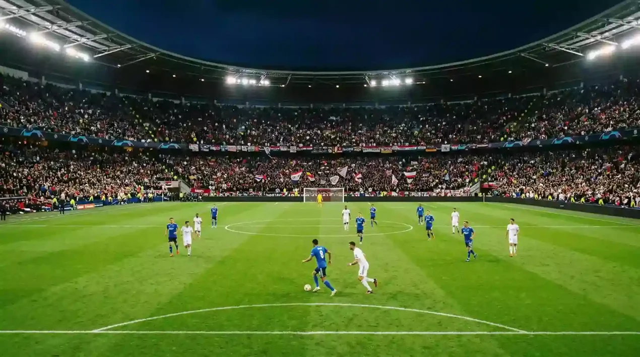 Twee voetbalkeepers tegenover elkaar aan weerszijden van het veld tijdens een wedstrijd in een vol stadion