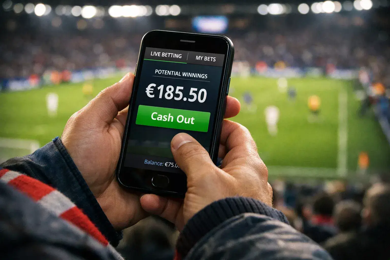 Hand met smartphone tijdens voetbalwedstrijd