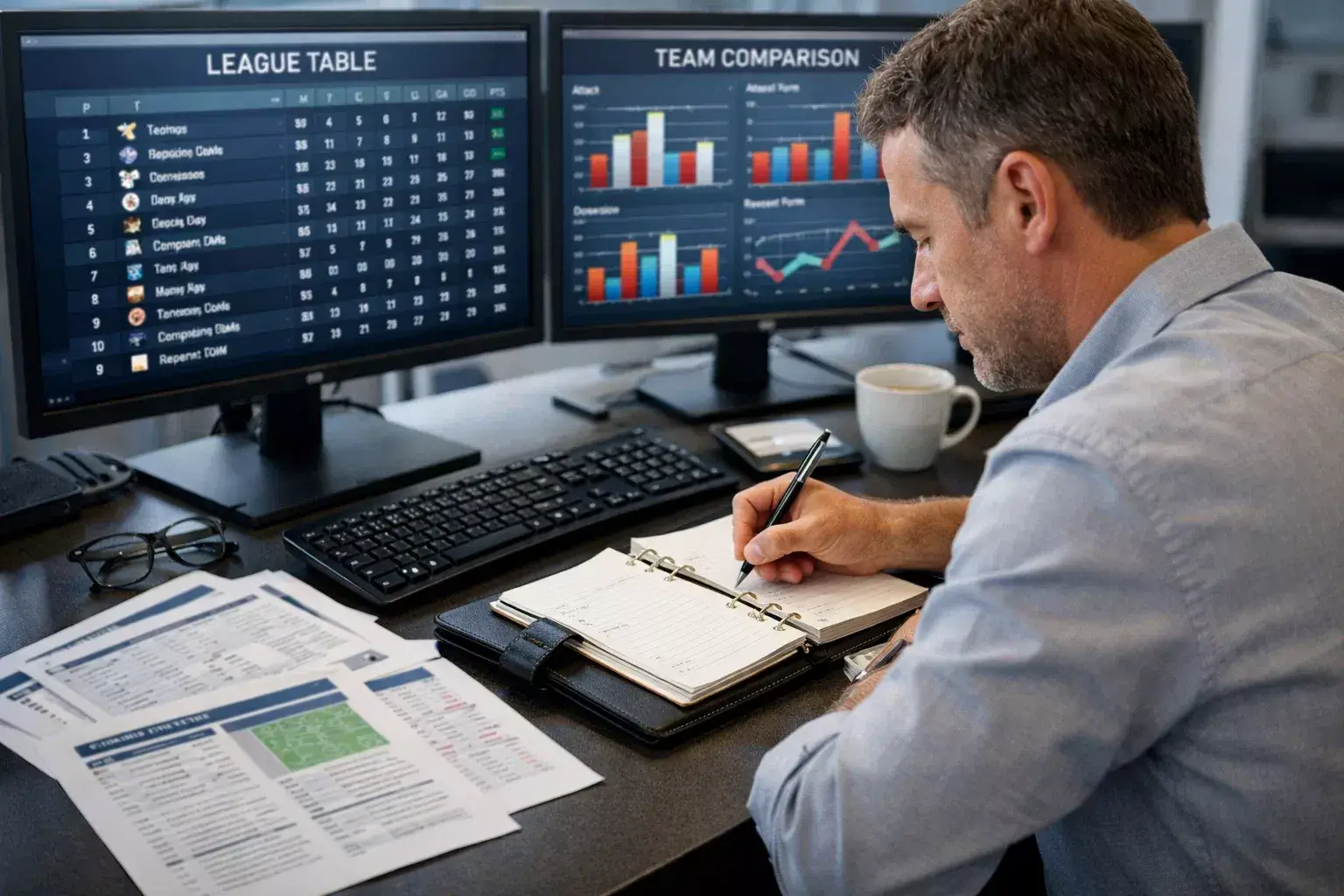 Voetbalanalist bestudeert competitiestatistieken