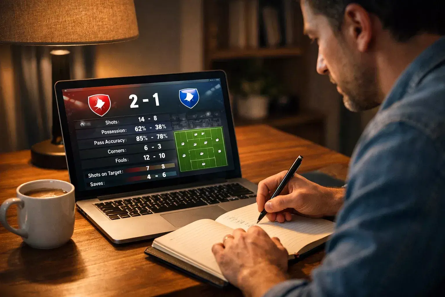 Persoon analyseert voetbalstatistieken op laptop