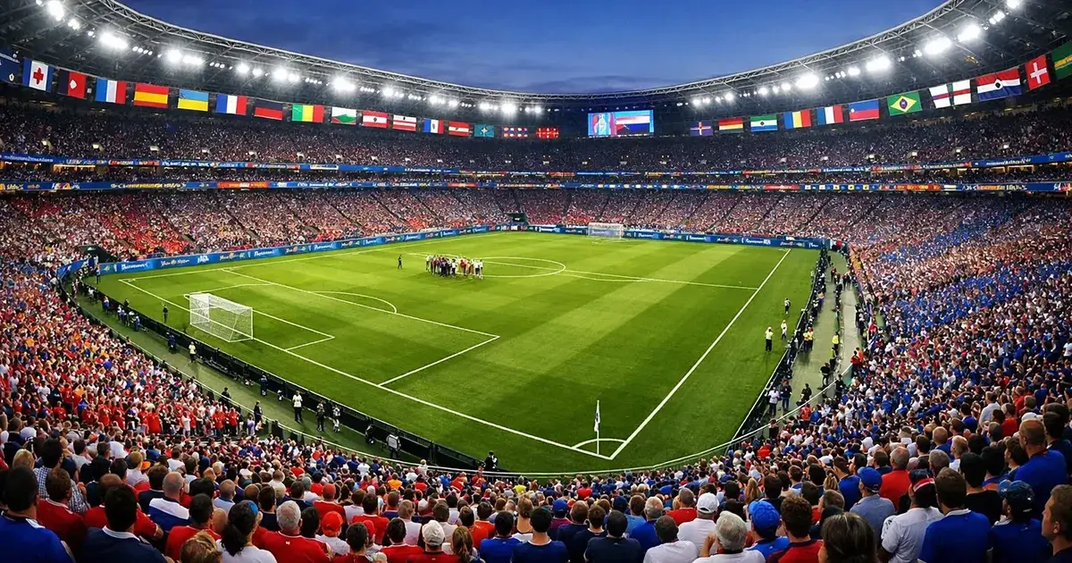 Voetbalstadion met internationale competitievlaggen