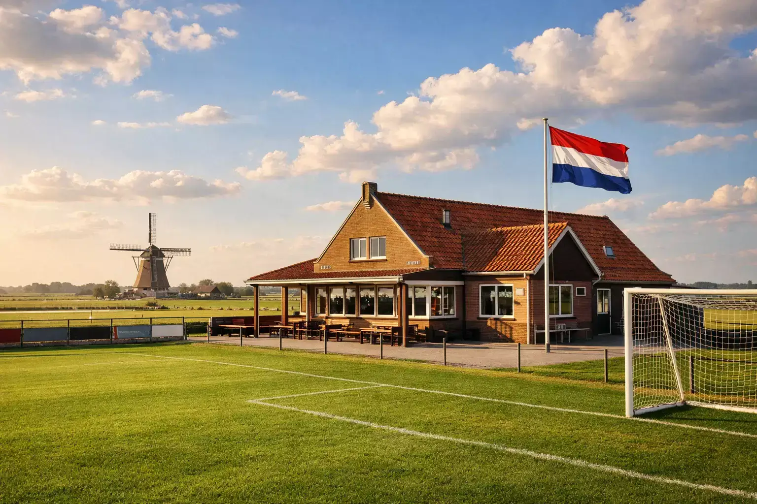 Nederlands landschap met voetbalveld en clubgebouw