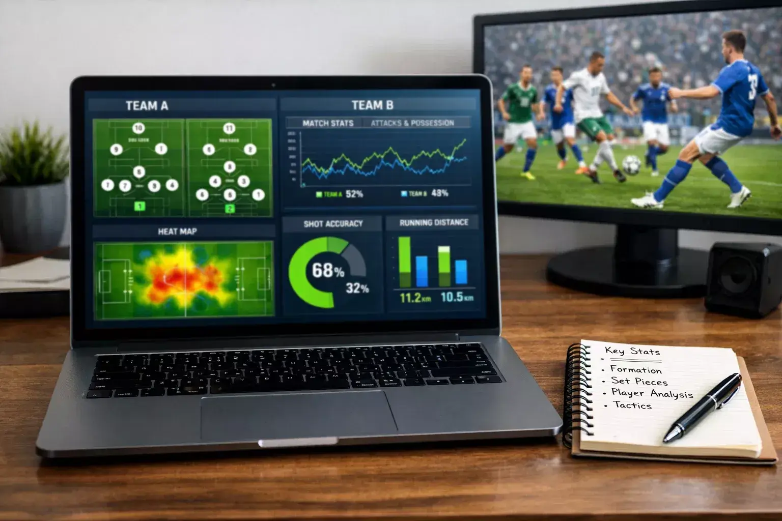 Laptop met voetbalstatistieken en analyse