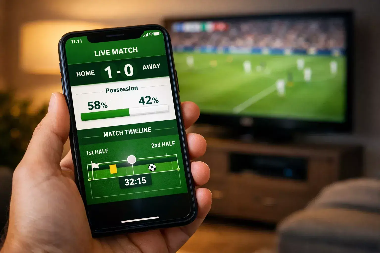 Smartphone met live voetbalwedstrijd statistieken