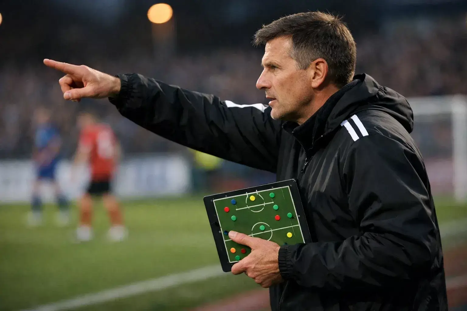 Voetbalcoach geeft tactische instructies aan team