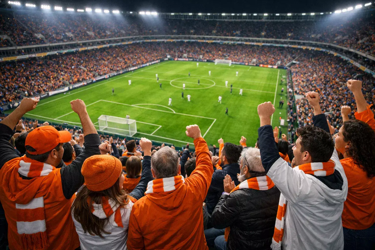 Fans kijken naar een live voetbalwedstrijd in een stadion