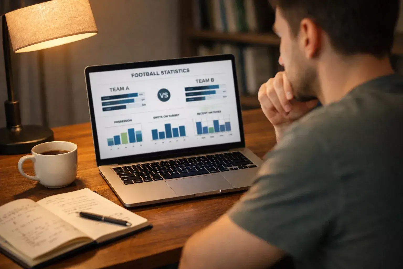 Persoon analyseert voetbalstatistieken op een laptop
