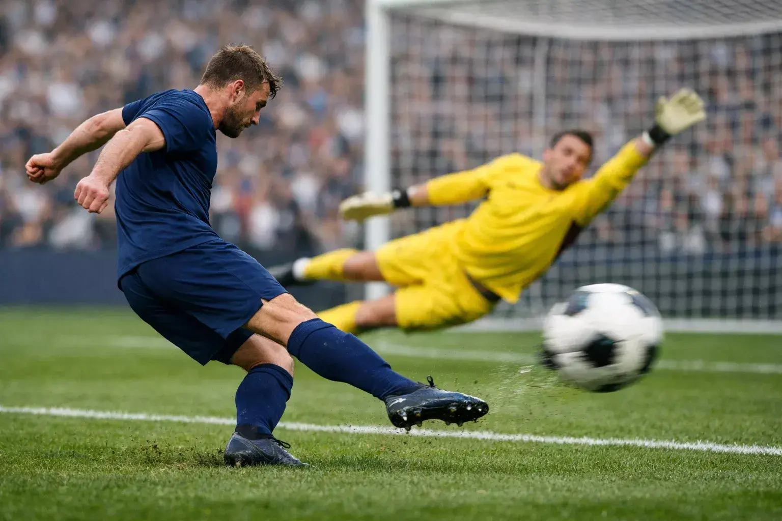 Voetballer schiet op doel tijdens een professionele wedstrijd