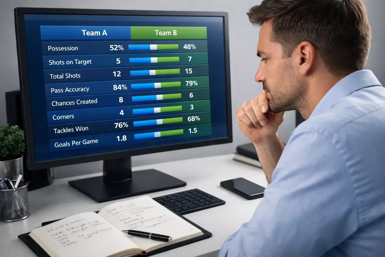 Analist vergelijkt voetbalstatistieken op scherm