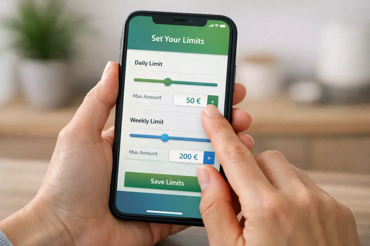 Persoon stelt speellimieten in op smartphone