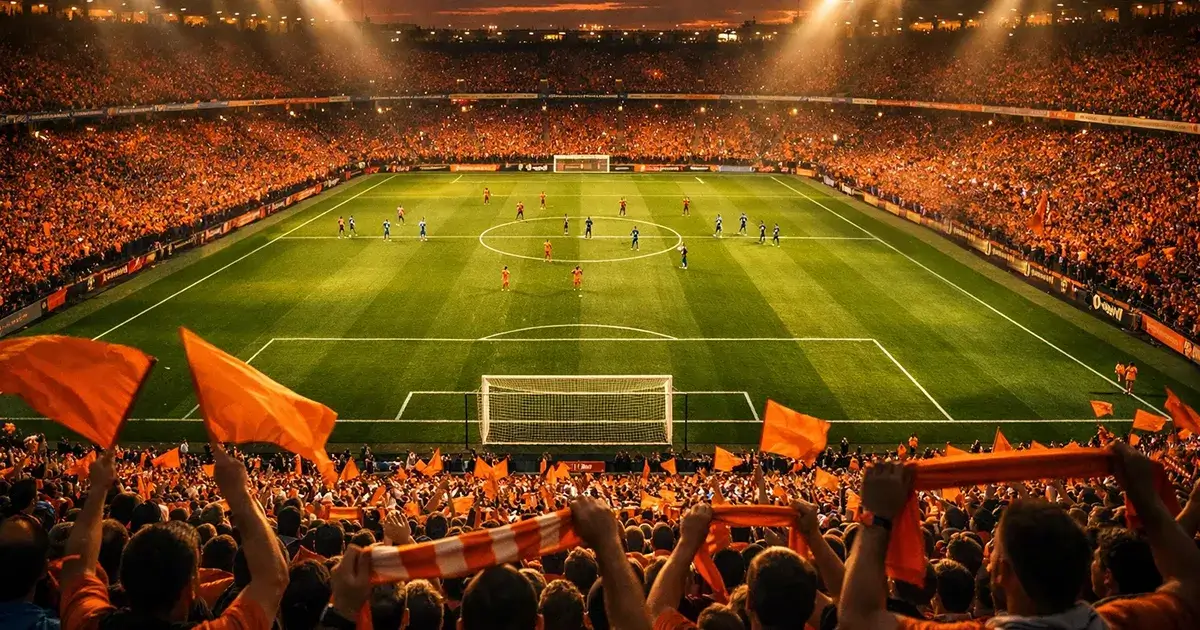 Voetbalstadion met supporters tijdens een avondwedstrijd