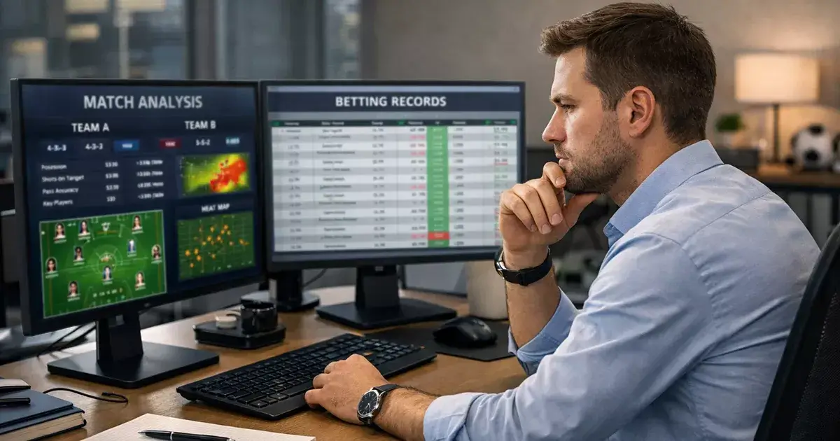 Serieuze voetbalanalist aan bureau met statistieken