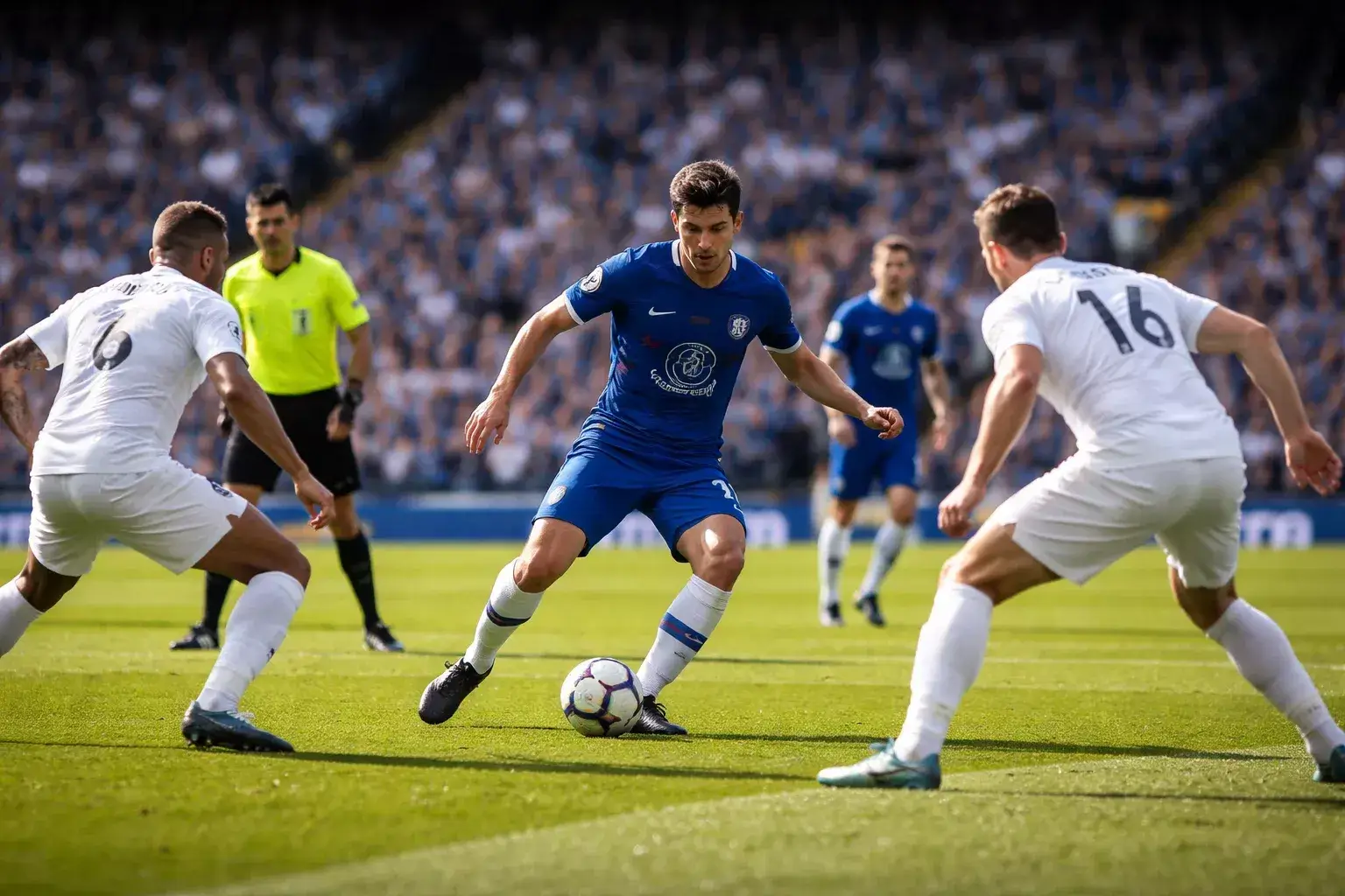 Voetballers op het veld tijdens een competitiewedstrijd