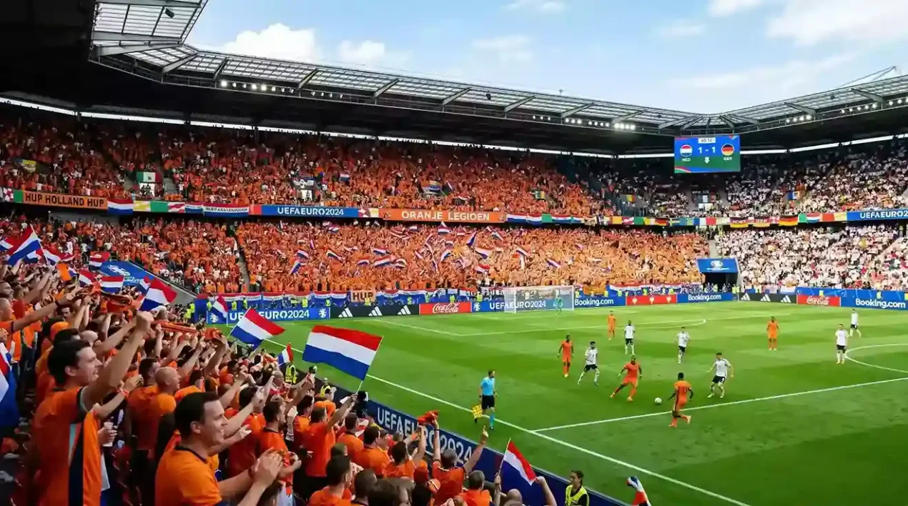 Voetbalstadion met Europese vlaggen en oranje supporters op de tribune tijdens een EK-wedstrijd overdag