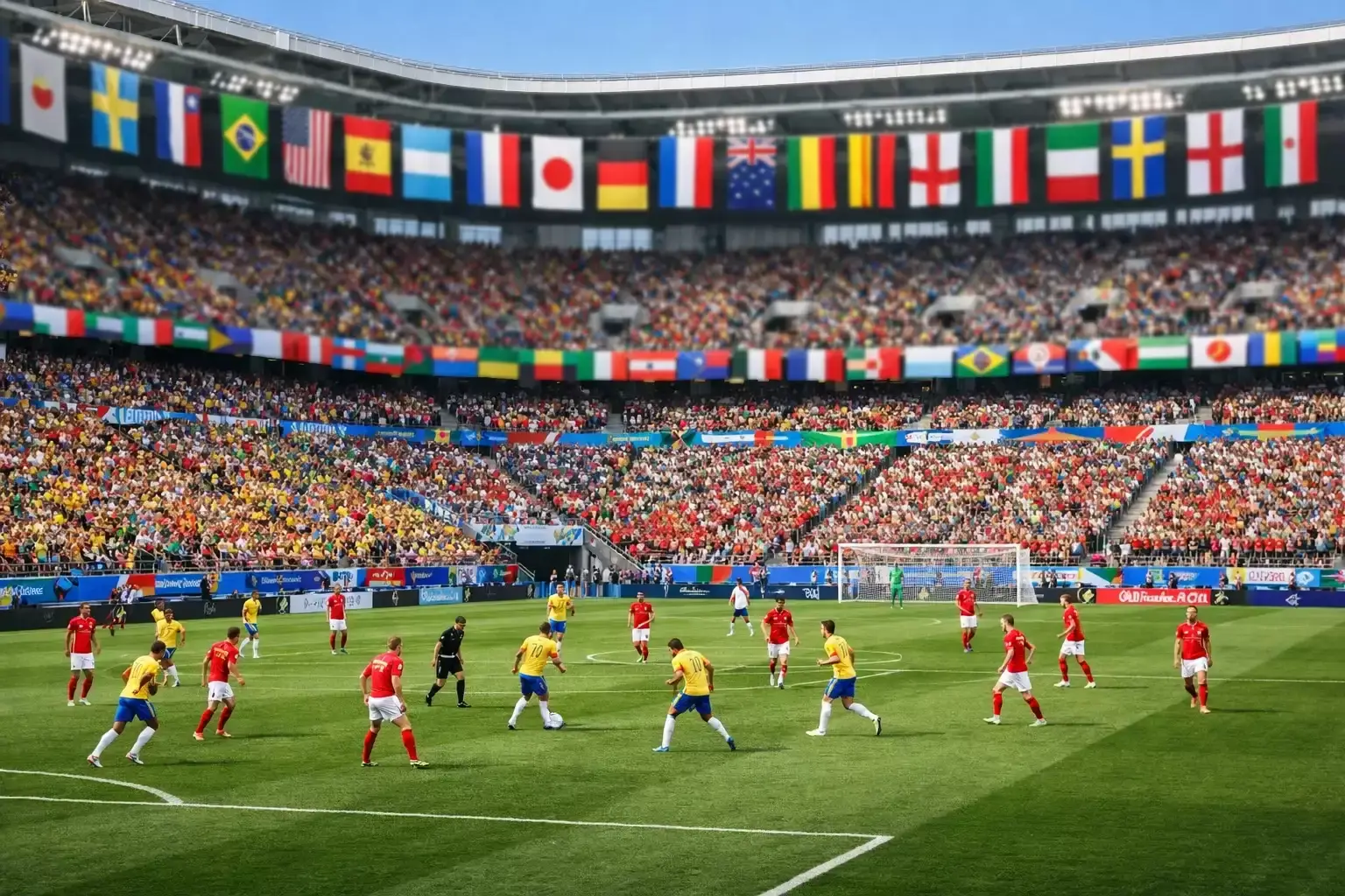 Internationaal voetbaltoernooi met nationale vlaggen